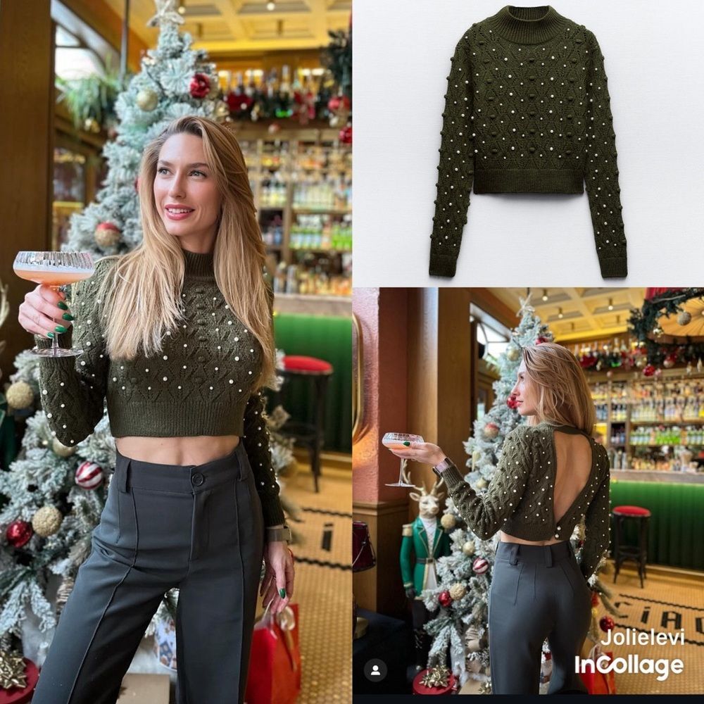 ZARA KNIT OPEN BACK PEARLY SWEATER